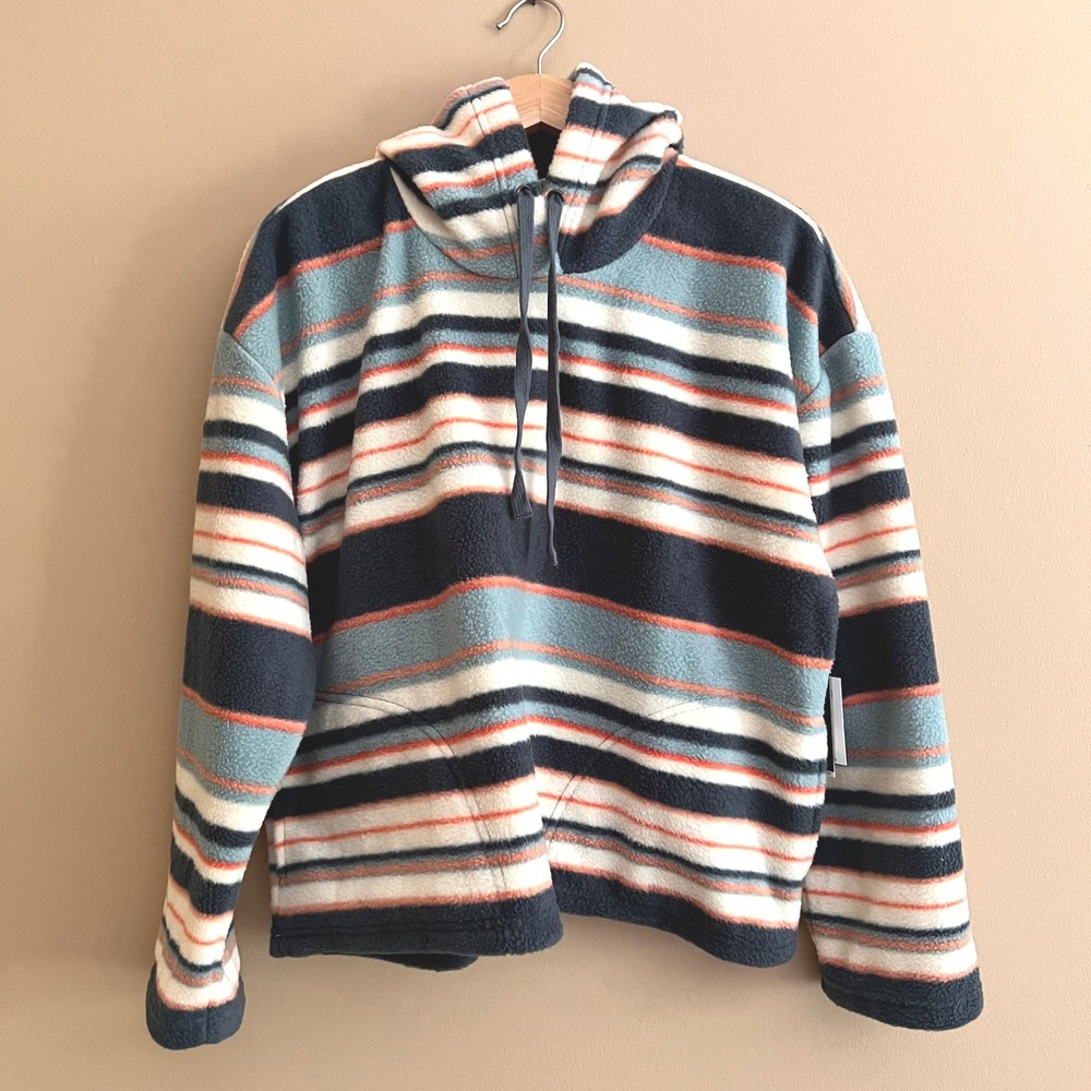 ONeill Hampton Supersherpa Striped Fleece Hoodie Navy Teal Orange Cozy Boxy NEW